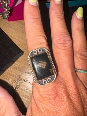 Black Onyx Playing Card Ace Ring with Sterling Silver Scroll Setting Adjustable